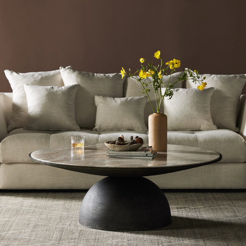 Corbett Marble Coffee Table, 17" H x 47" L x 47" W, Creamy Taupe Top/Hammered Gray Base