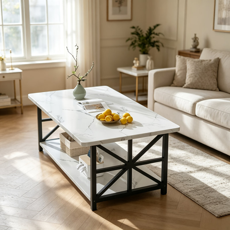 Table basse rectangulaire à tablette ouverte avec structure en métal en forme de X, table de salon de style campagnard à 2 niveaux, table de canapé de style industriel