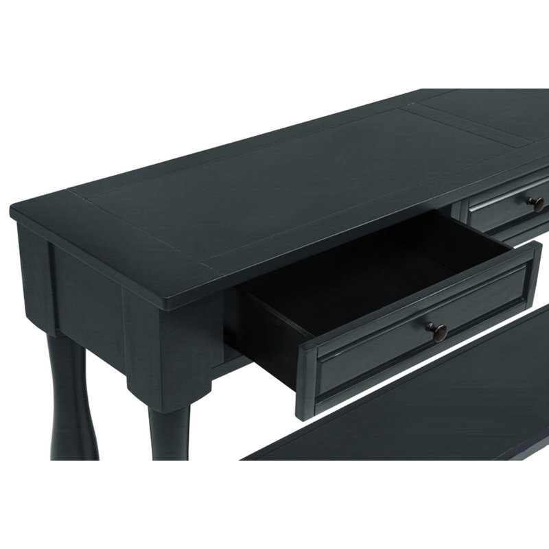 Console de 63 po de long en bois bleu marine avec tablette, style transitionnel pour le couloir, l'entrée, le salon, la qualité, les tiroirs requis