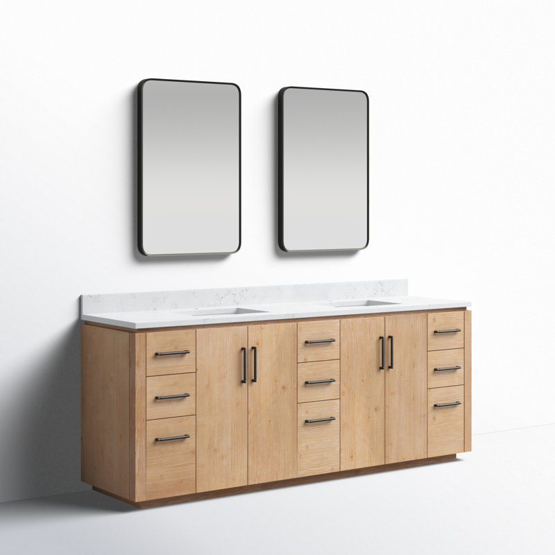Meuble-lavabo double 84 po avec plateau en pierre et miroir Cloverfield, Bois de sapin brun, Noir mat