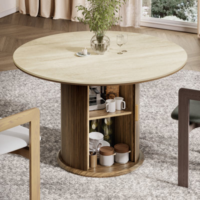 43.31'' Modern Sintered Stone Dining Table With Fluted Pedestal Base, Walnut