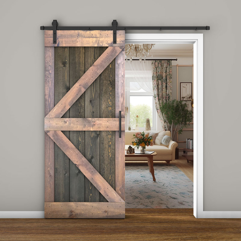 Porte de grange lambrissée peinte en bois et en métal, Chêne / gris, 36 po x 84 po