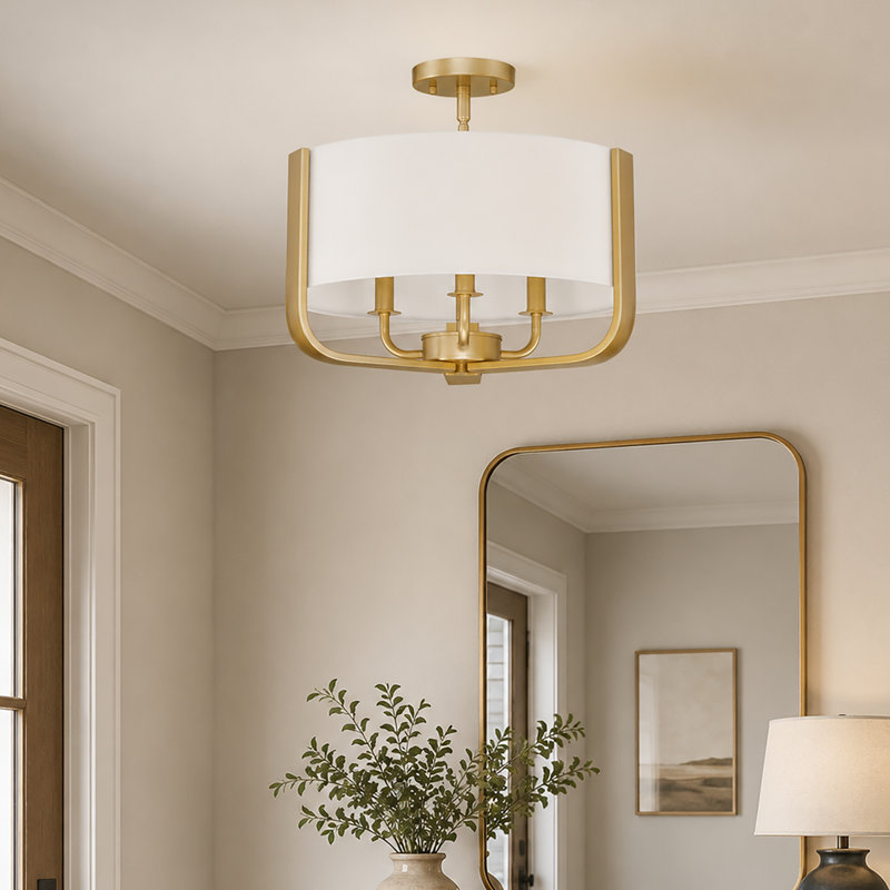Naida 3-Light Semi-Flush Mount Ceiling Light with Fabric Shade and Gold Finish