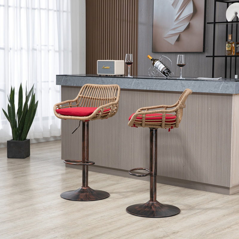 De 2 tabourets de bar rouges, réglables avec repose-pieds pour la cuisine et la salle à manger, base en métal, capacité de 250 lb, coussin de siège en lin, tabourets modernes 2, et charge