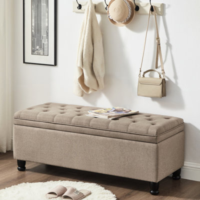 Banc de rangement capitonné capitonné, banc d'entrée en tissu de lin avec pieds en bois fuselés