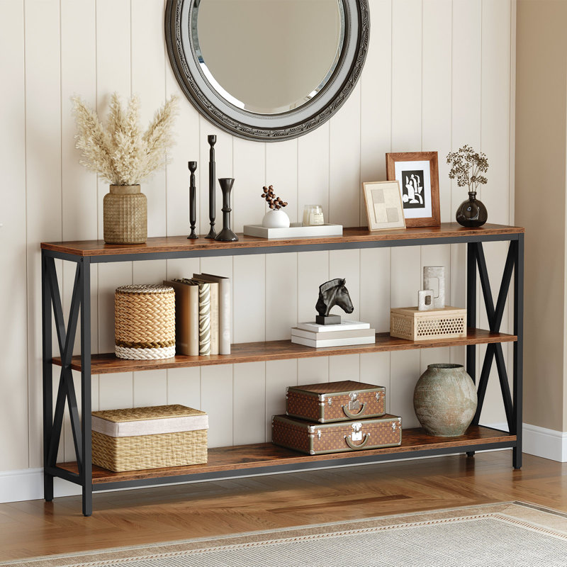  Maiocco 3-Tier Narrow Console Table with Storage, Rustic Brown, 31.69" H x 63" W x 9.45" D