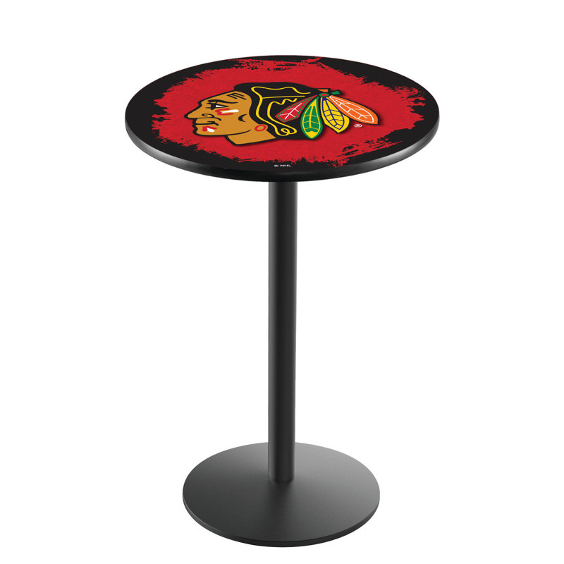 NHL Round Metal Base Dining Table, Black Wrinkle, Chicago Blackhawks - Red