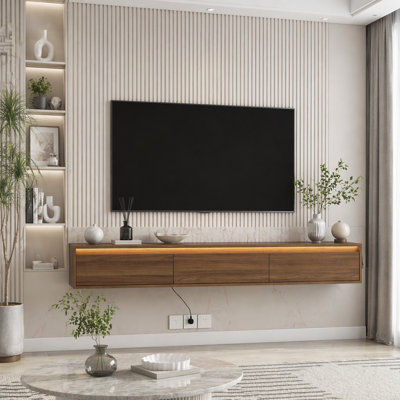 Floating TV Stand, Wall Mounted TV Shelf with Led Lights & Power Outlet,High Gloss TV Cabinet