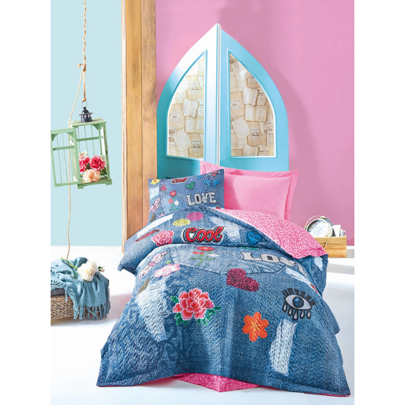 Ensemble de housse de couette 100% coton 3 pièces Misquamiqueut Rouge / Bleu