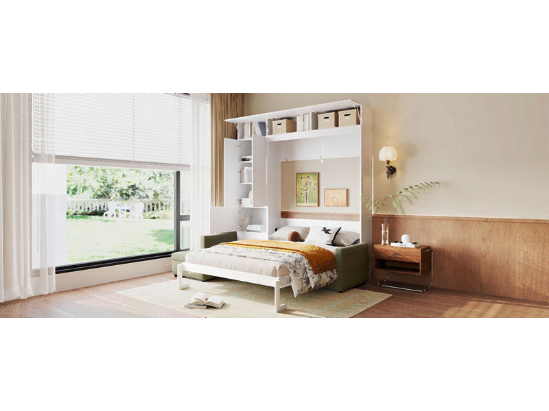 Grand lit escamotable mural avec canapé et tablettes, panneau vert, canapé beige, Blanc