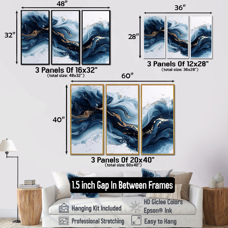 Or et bleu céleste fluidité II - art mural encre liquide - 3 panneaux, H 32 po x l 48 po, Blanc