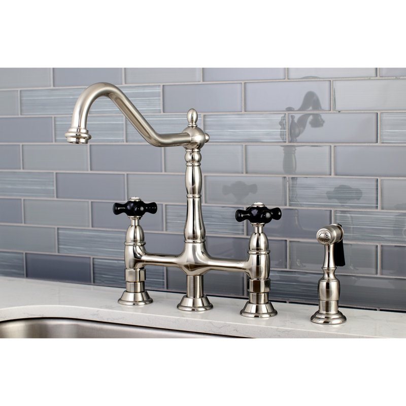 Kingston Brass Duchess Two-Handle 4-Hole Deck Mount Bridge Kitchen Faucet with Brass Side Sprayer, Brushed Nickel