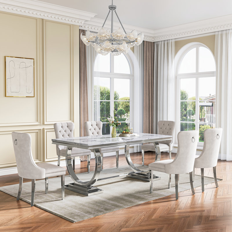 Rectangular 70.1"L X 35"W Dining Set, Blanc / argenté, Blanc / argenté, 7 pièces : table, 6 chaises