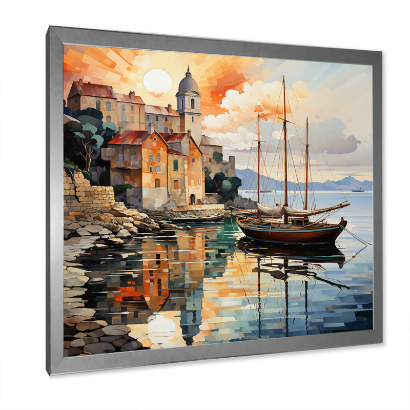 «Coastal Port Of Tranquility I» - Art mural sur toile nautique et plage, H 30 po x l 30 po x P 1 po, Cadre simple argenté