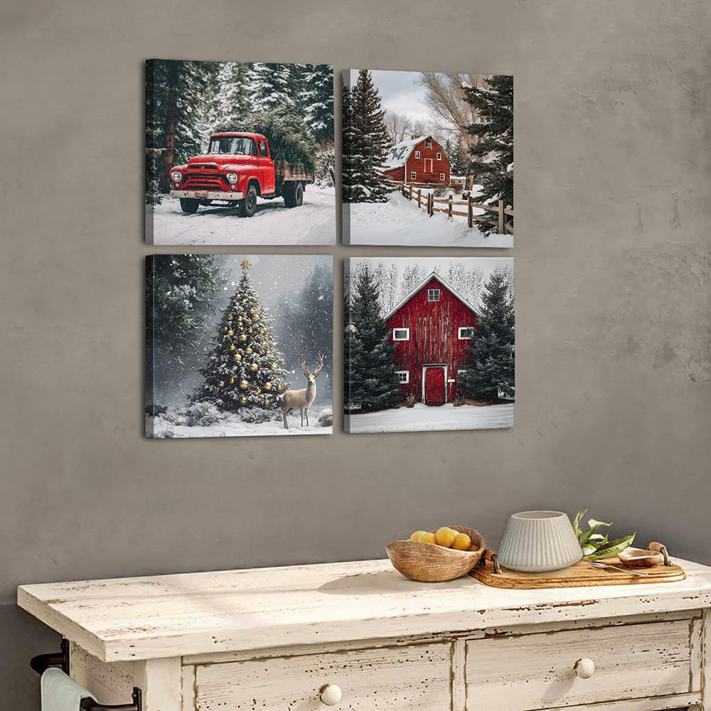 Ophelia & Co. Vintage Christmas Wall Art Country Red Barn Truck Wall ...