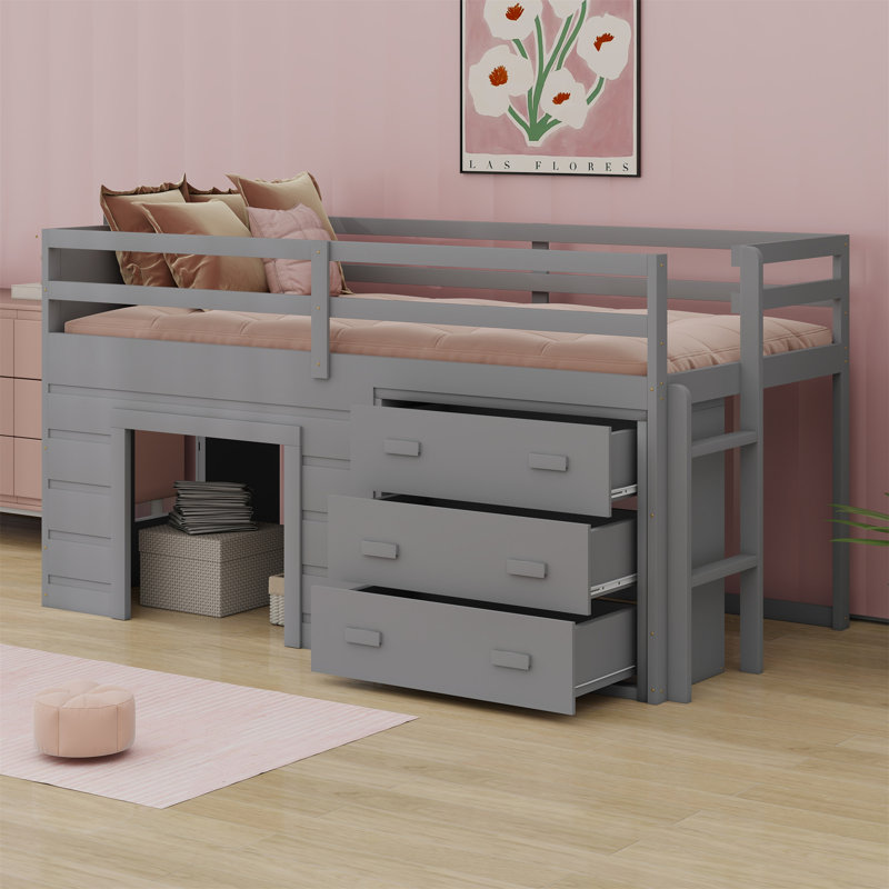 Loft Bed With Drawers And Shelf, Gray