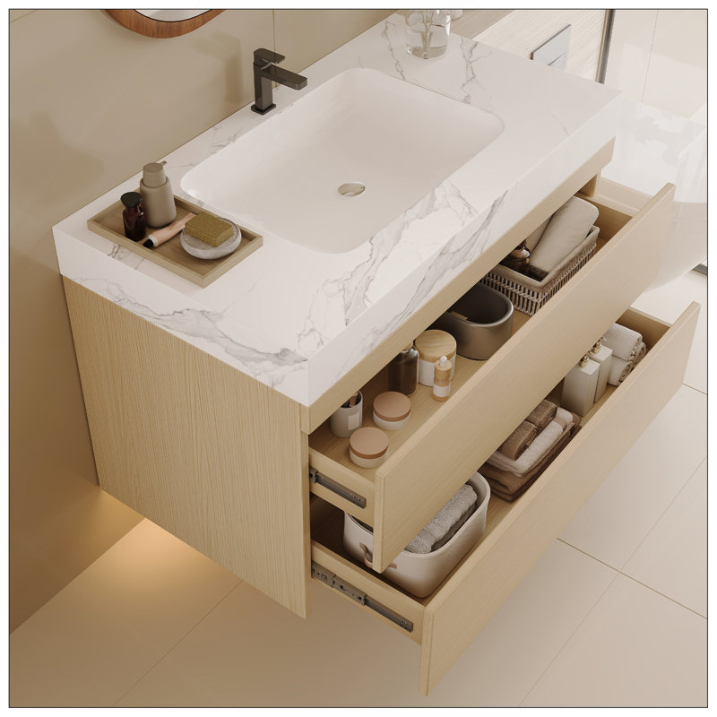 Meuble-lavabo flottant moderne 29,9 po avec comptoir en faux marbre et lavabo encastré en céramique, fixation murale pour petites salles de bain et appartements