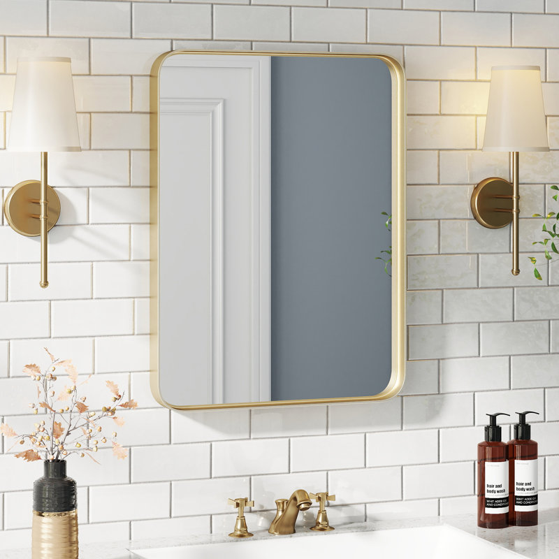 Miroir rectangulaire arrondi avec cadre en aluminium, miroir de meuble-lavabo mural, miroir d'entrée / horizontal moderne, Or