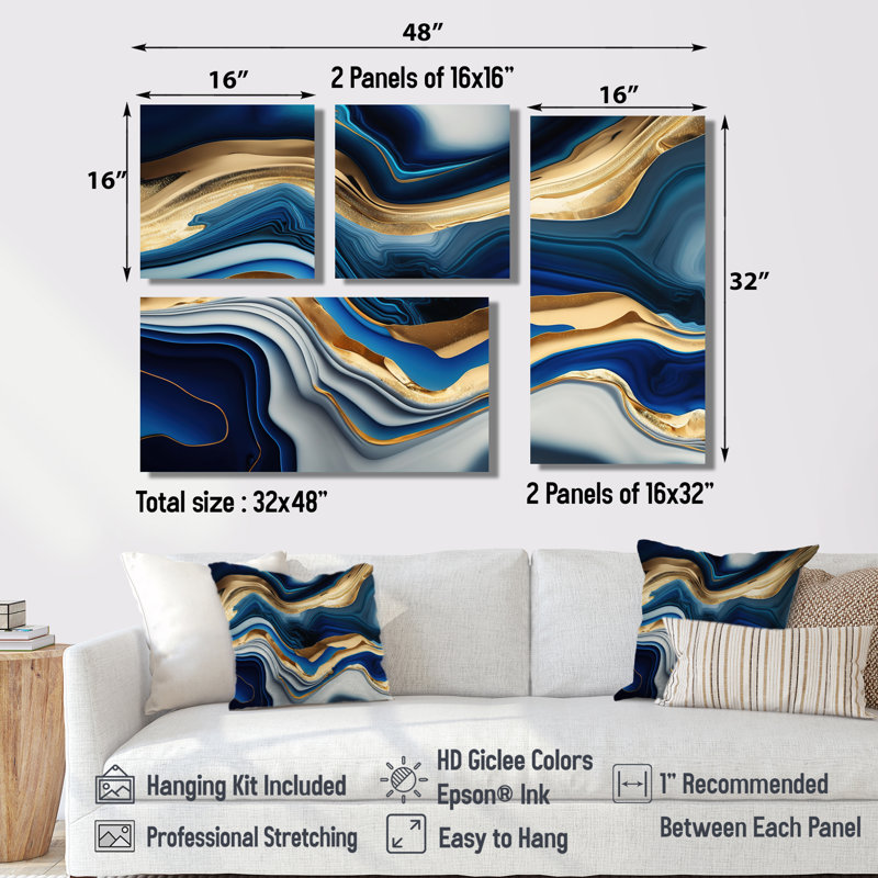 Agate vibrante bleue et dorée II - décoration murale moderne jaune 4 pièces, Toile tendue, Ne s’applique pas