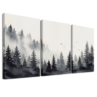 «Misty Pine Forest with Flying Birds», ensemble de 3 toiles murales