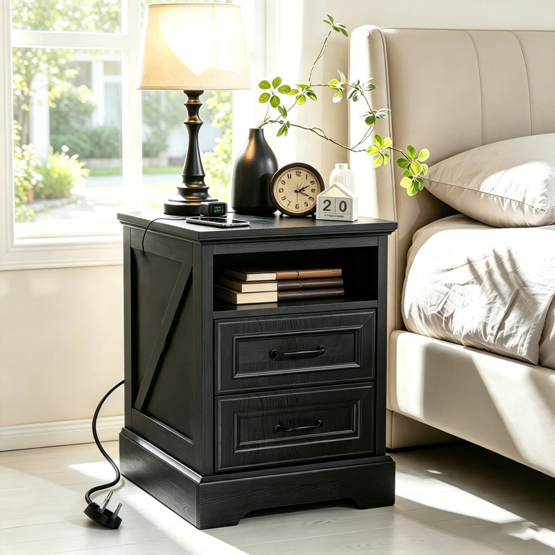 Farmhouse Nightstand, Bedside Table with Charging Station, Black, Individual