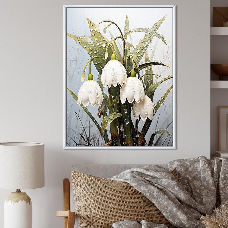 Gouttes de neige vertes et fleurs d'hiver IV, H 32 po x l 16 po x P 1 po, Cadre flottant blanc