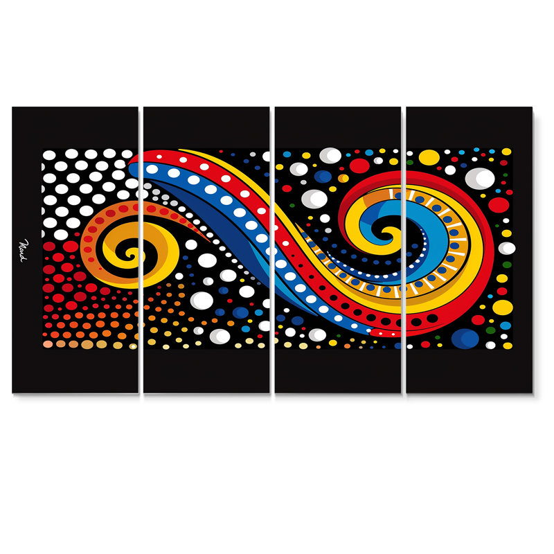 Whirling Swirls Retro Red and Blue II - Abstract Spirals, ensemble de 4 décorations murales, H 28 po x l 48 po