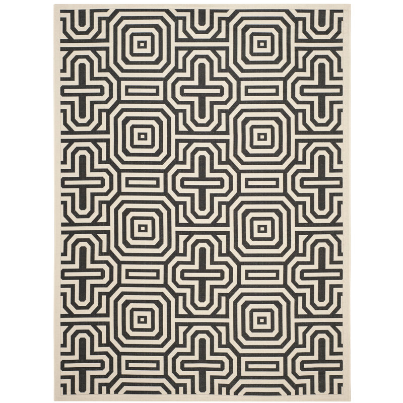 Arneshia Geometric Sand/Black Indoor / Outdoor Area Indoor/Outdoor Area Rug, Rectangle 8' x 11'