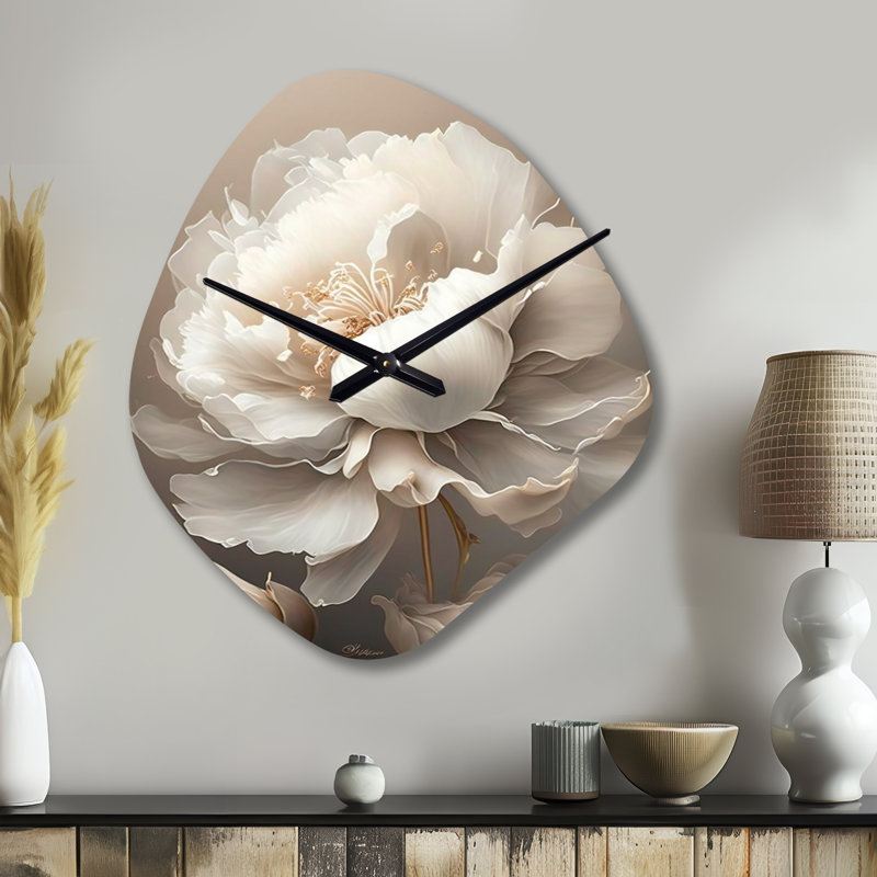 Pivoine fleur VI - pivoines asymétriques horloge en métal, blanc forme unique horloge murale, Petit