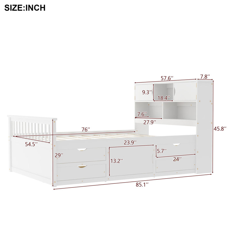 Platform Bed Frame with Storage Bookshelves and Shelves, White