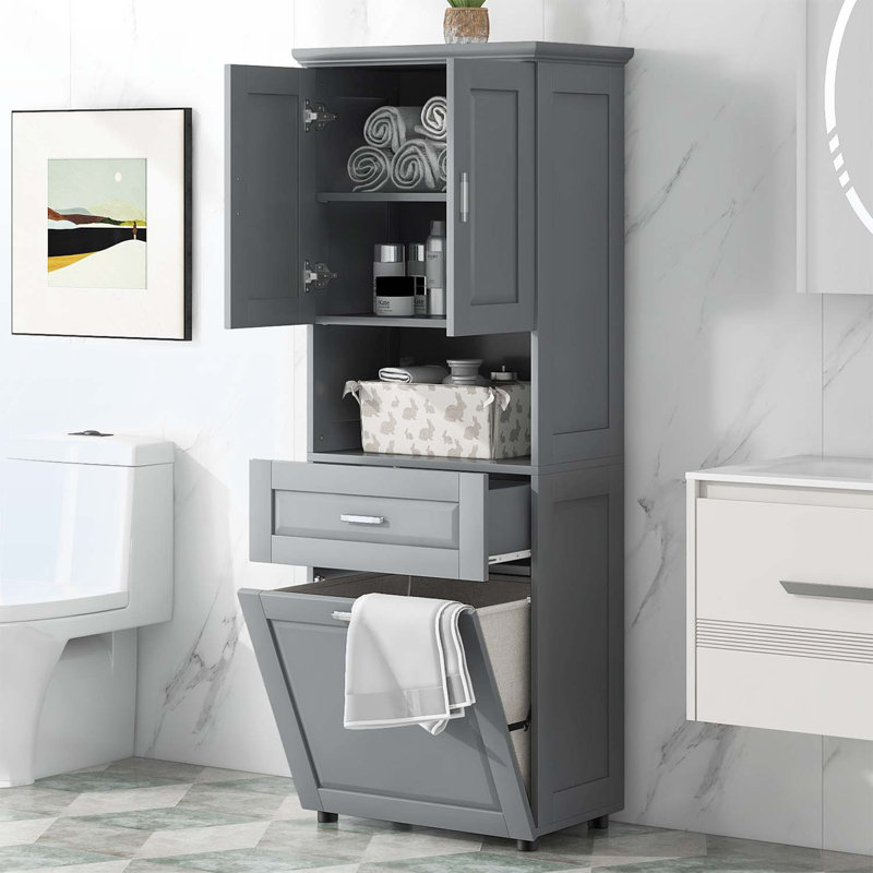 Large Storage Space Tilt-Out Laundry Hamper and Upper Storage Cabinet, Grey