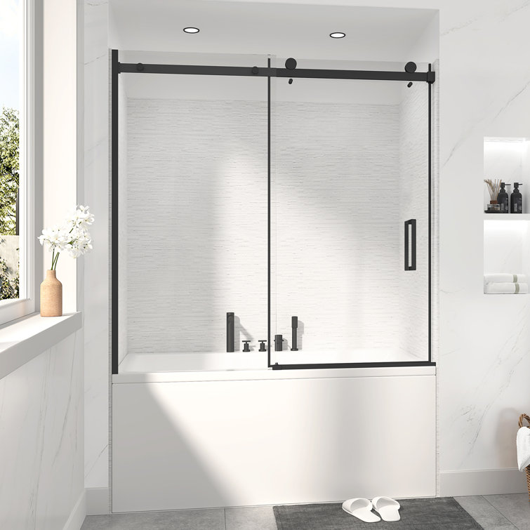 Fast-Assembly 56" - 60" W x 60" H Single Sliding Frameless Tub Door with 3/8" Clear Glass