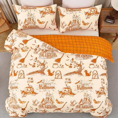 Literie Halloween en microfibre douce, trois pièces avec taies d'oreiller, motif citrouille et chauve-souris, orange et blanc