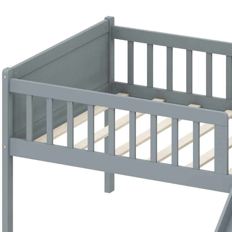 Structure de lit simple avec tablette de rangement, structure de lit en bois avec glissière et échelle, lit plateforme simple avec garde-corps, aucun sommier requis, assemblage facile, gris