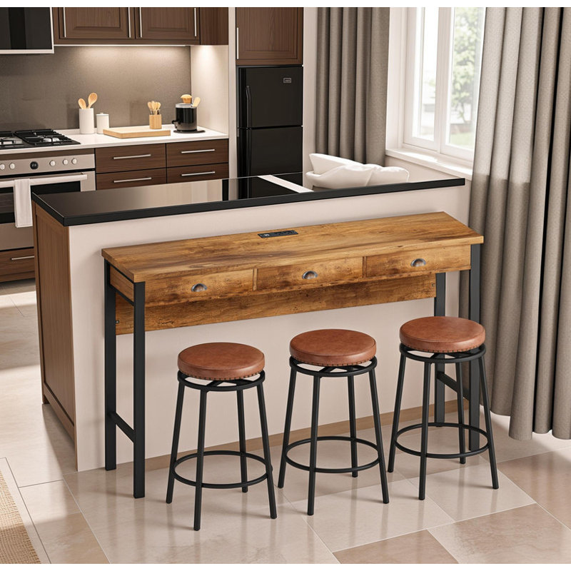 3-Drawer 72-Inch Long Dining Table Set with Built-in Power Outlets Bar Height Kitchen Table & 4 Circular PU Stools Easy Assembly Sturdy Wood Frame for Dining Room & Kitchen