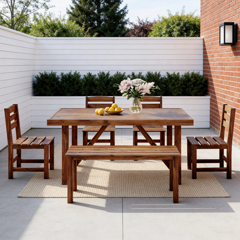 Ensemble repas pour 6 personnes en bois d'acacia avec table rectangulaire, Brun