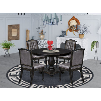 L'ensemble de table de salle à manger 5 pièces se compose d'une table et de 4 chaises en tissu de polyester gris foncé avec dossier capitonné - Noir sablé