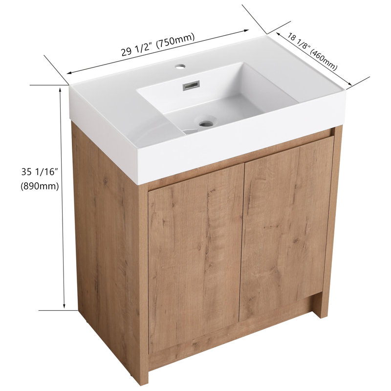Meuble-lavabo autoportant simple 30 po avec plateau en résine et tablette Khurshid, Blanc lustré