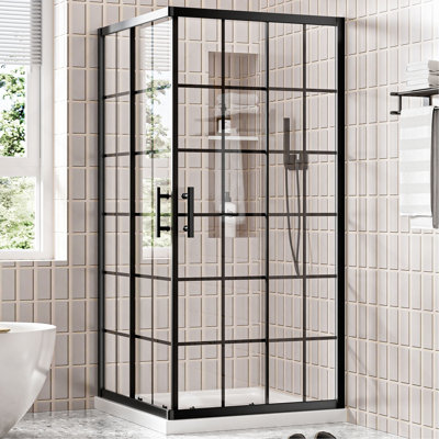 36" D X 36" W X 72" H Corner Shower Enclosure Shower Stall for Walk in Shower, 1/4" Thick Clear SGCC Tempered Glass With Grid Pattern Sliding Shower Door