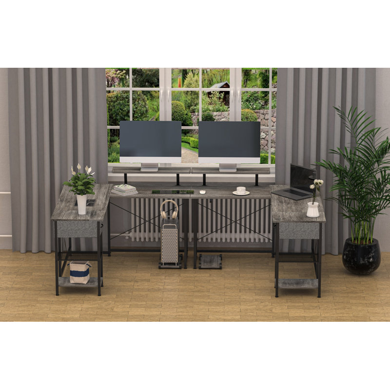 Bureau en L, bureau d'écriture, bureau personnel avec tiroirs et tablettes de rangement, bureau de jeu en L, Gris