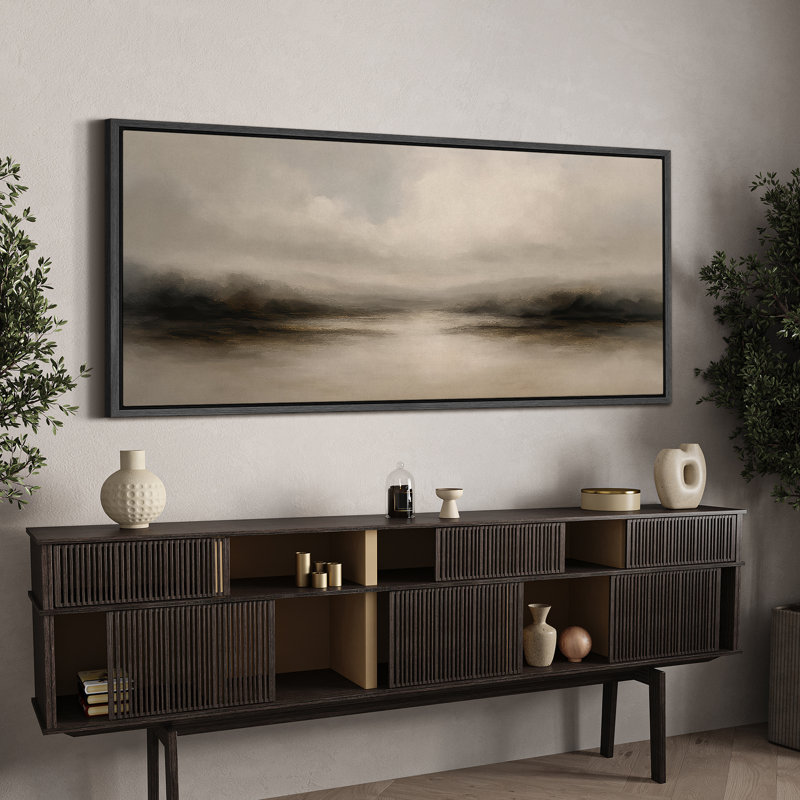 Large Framed Canvas Print Wall Art - Neutral Abstract Landscape Print for Minimalist Modern Wall Decor, Black, 30" H x 60" W