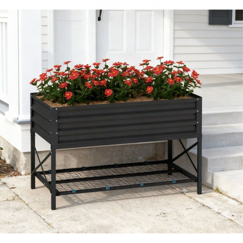 Metal Planter Box,Galvanized Raised Garden Bed,With Legs,Storage Shelf And Bed Liner, Dark Gray