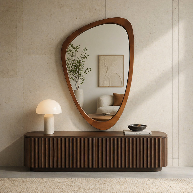 24"x36" Irregular Solid Wood Frame Decorative Mirror, Dark Walnut