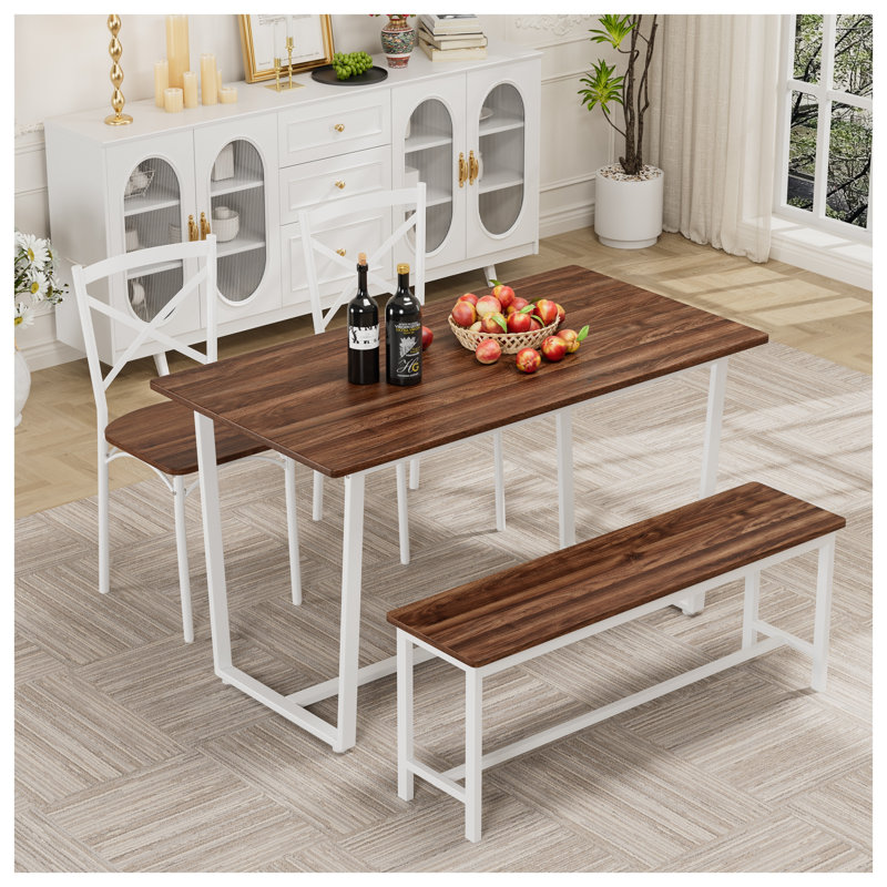 Ensemble de salle à manger 4 pièces de style industriel avec table et chaises à dossier, fini noyer foncé, structure en MDF et acier.