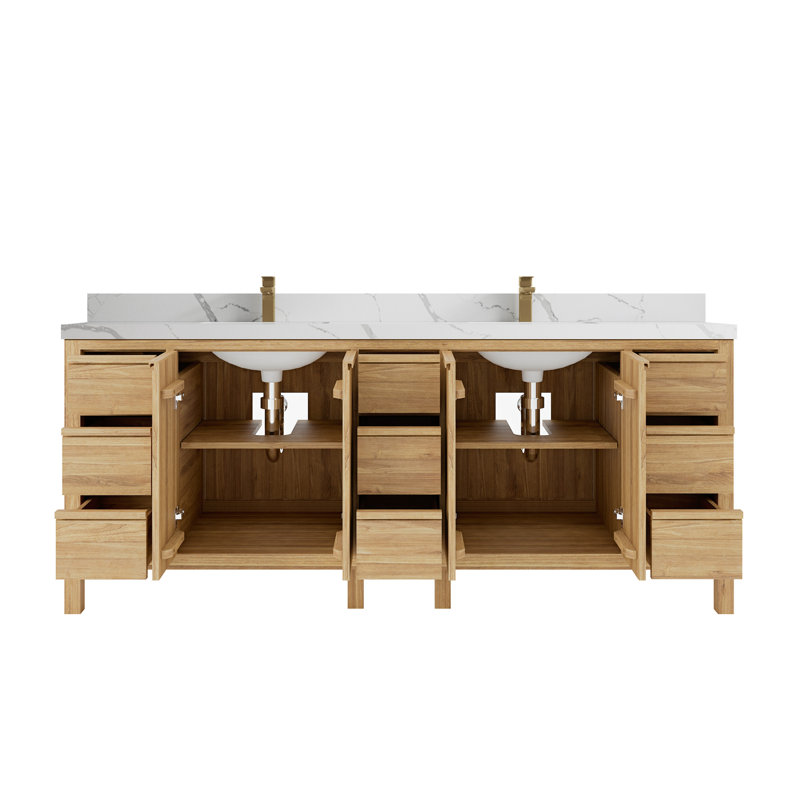 84'' Double Bathroom Vanity with Quartz Top, Calacatta Laza, Light Brown