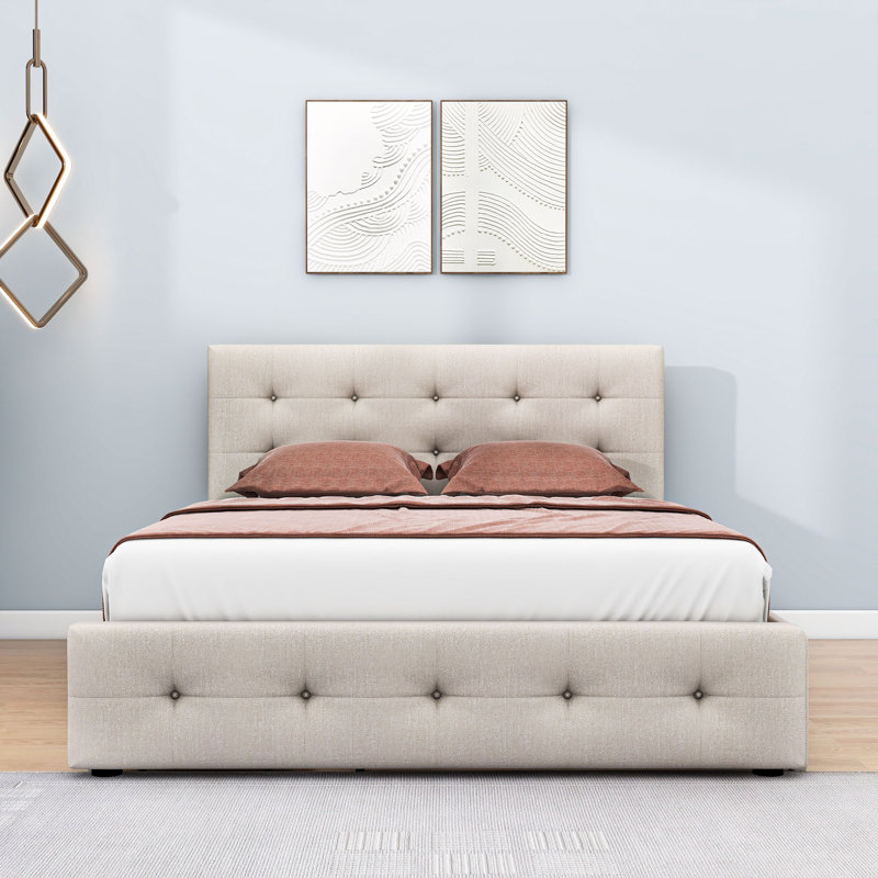 Evennie Queen Tufted Upholstered Storage Platform Bed, Beige