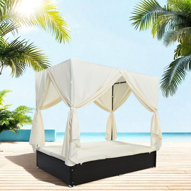 Outdoor Patio Sunbed With Curtains, Pe Rattan Daybed With Cushions, 2-6 Person Lounge Chair, Weather-Resistant Wicker Sun Lounger For Garden, Backyard, Poolside
