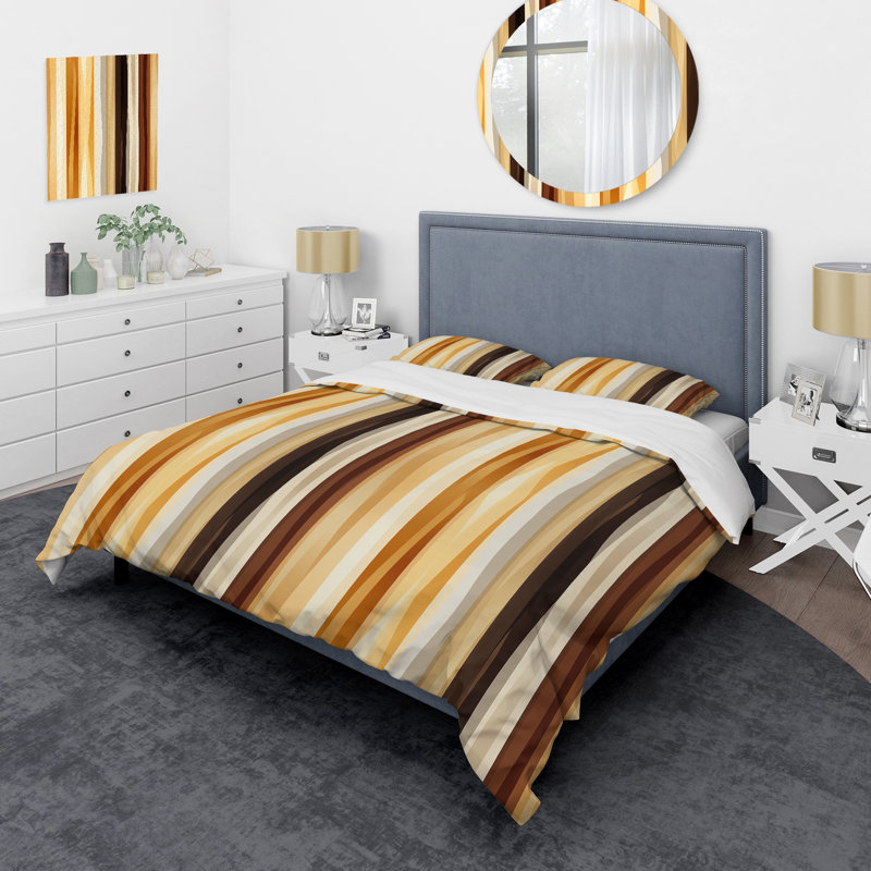 Ensemble de housse de couette à rayures brunes, Housse de couette pour grand lit et 2 taies décor