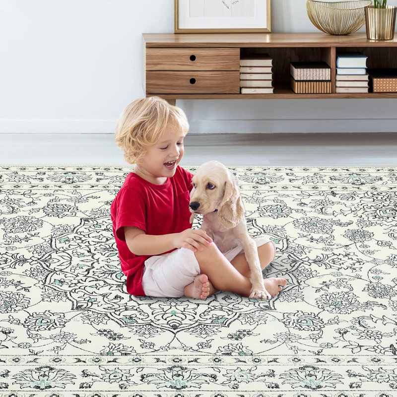 2x3 Vintage Distressed Medallion Rug, Washable, Non-Slip Boho Floral Carpet for Living Room, Bedroom, Dining Room