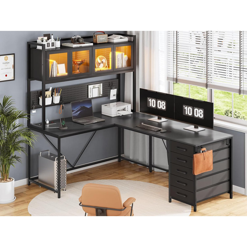Meuble d'appoint en L Roarke de 62 po avec tablette et tablette, noir, Noir, noir, noir, noir